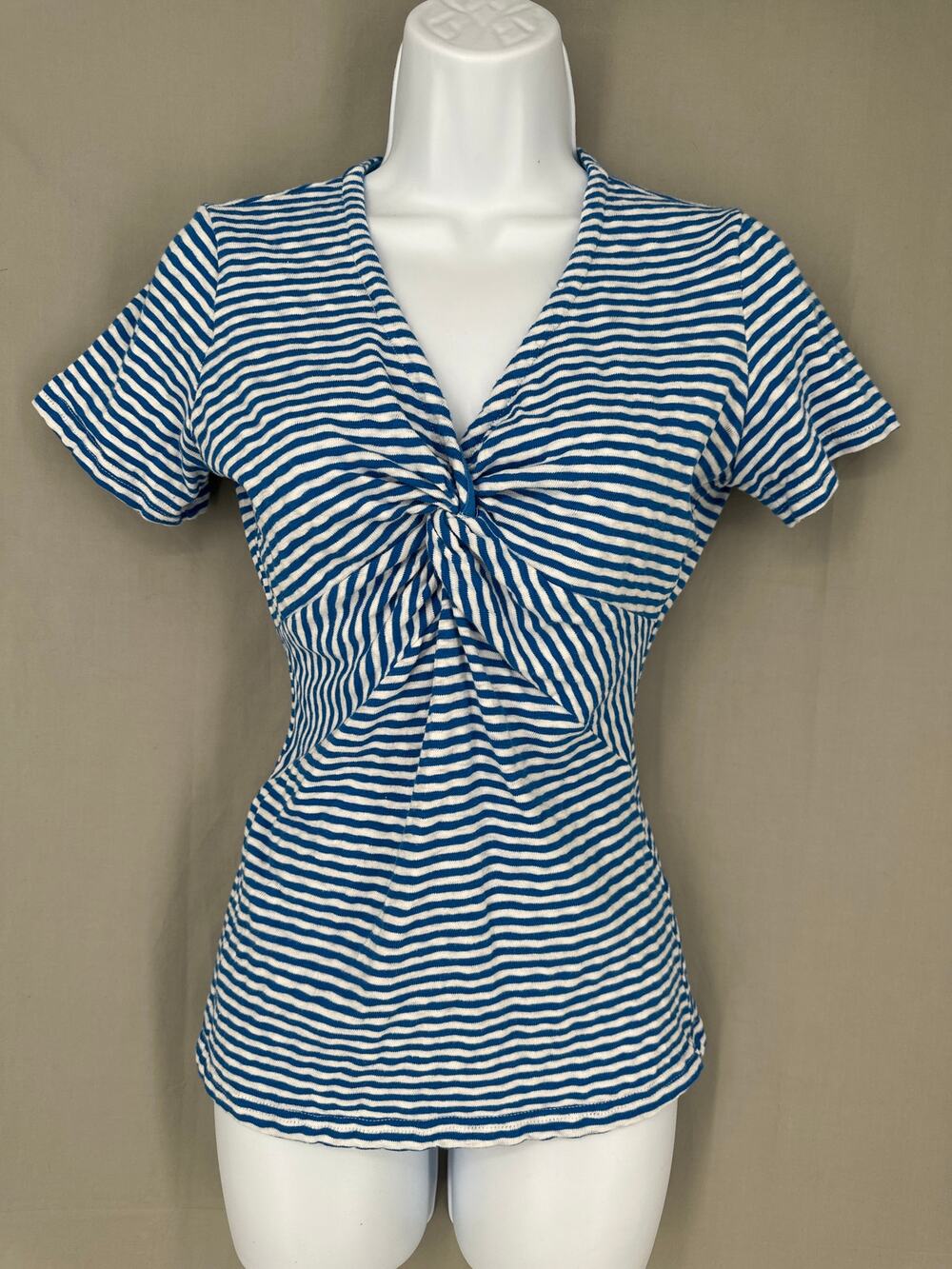 Y2K Vintage Top Womens Small Blue Striped Babydoll 90s Tee Cotton V Neck